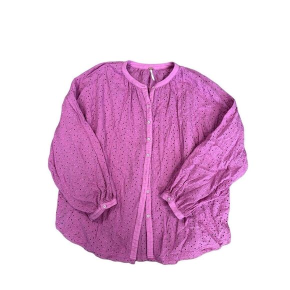 Free People Maddison Eyelet Blouse Orchid L Button Front Long Sleeve Oversized - Picture 4 of 16